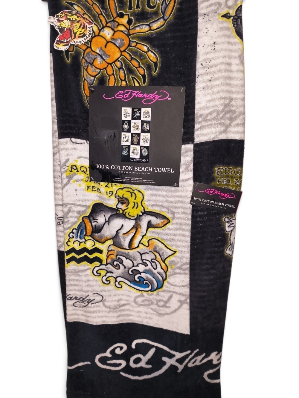 Ed Hardy Black, White & Yellow Cotton Beach Towel with Zodiac Graphics